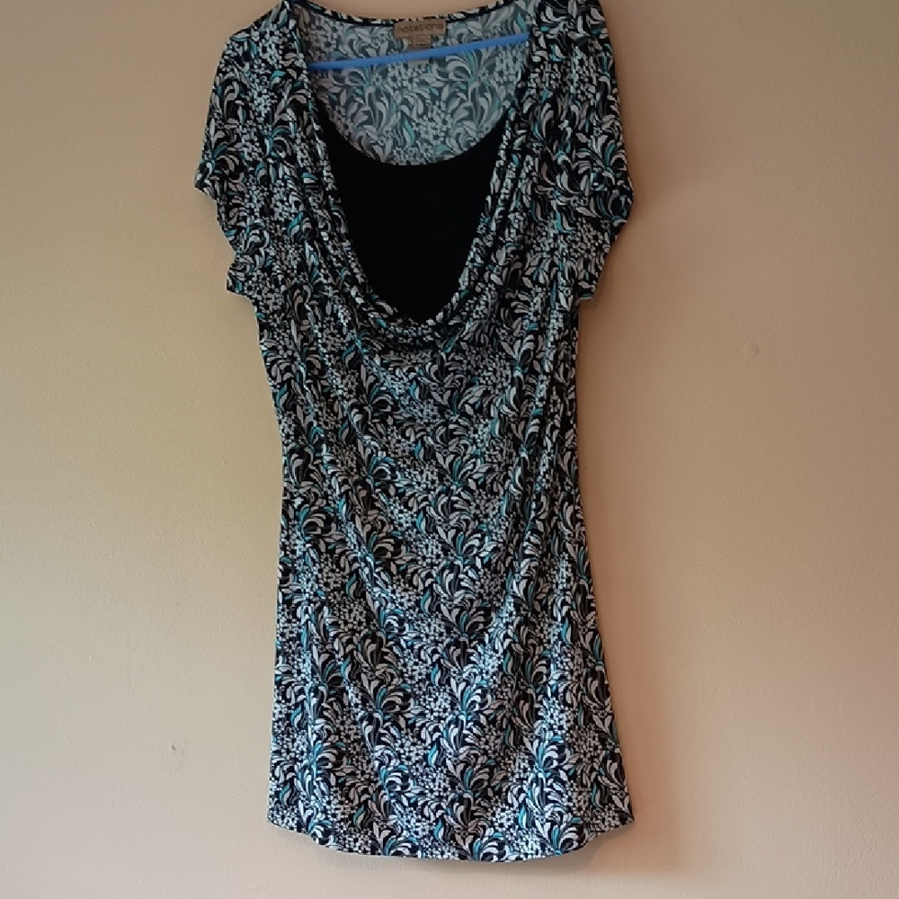 Notations Floral Dress With Drape Neck And Aqua Accents, Sz XL